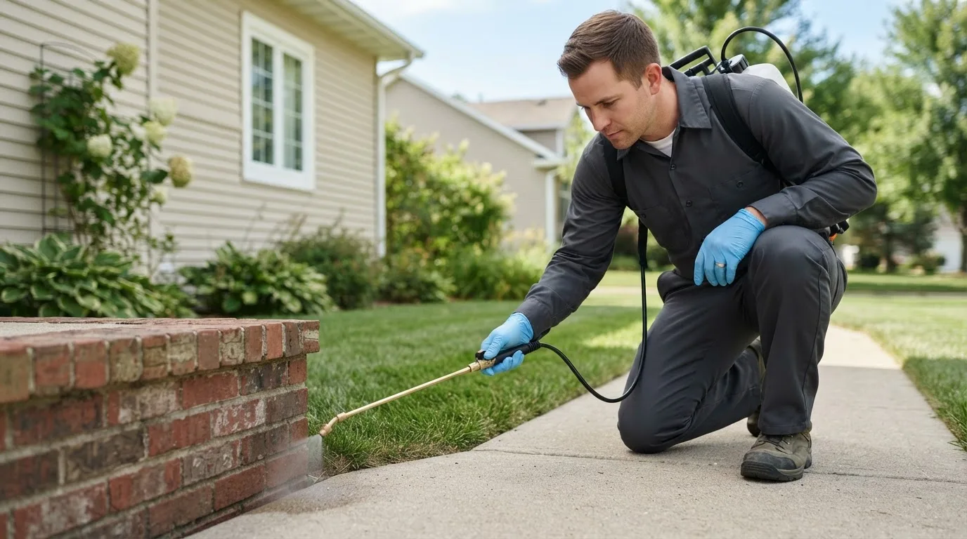 Pest control technician treating a home near Cresbard, SD